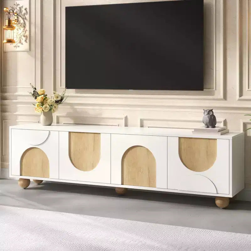 JVNOXK 69-inch Farmhouse-Style TV Stand with Recoil Mechanism Accommodates TVs up to 75 inches 5 Solid Wood Legs Ideal for Living Rooms White