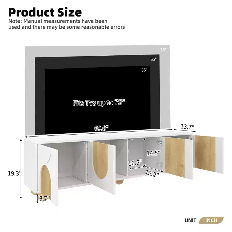 JVNOXK 69-inch Farmhouse-Style TV Stand with Recoil Mechanism Accommodates TVs up to 75 inches 5 Solid Wood Legs Ideal for Living Rooms White