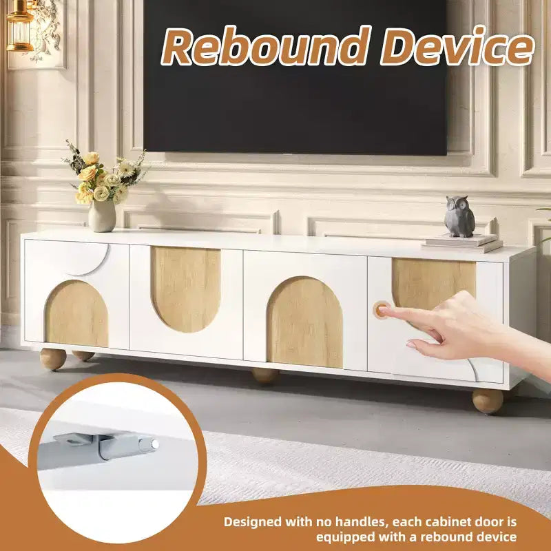 JVNOXK 69-inch Farmhouse-Style TV Stand with Recoil Mechanism Accommodates TVs up to 75 inches 5 Solid Wood Legs Ideal for Living Rooms White