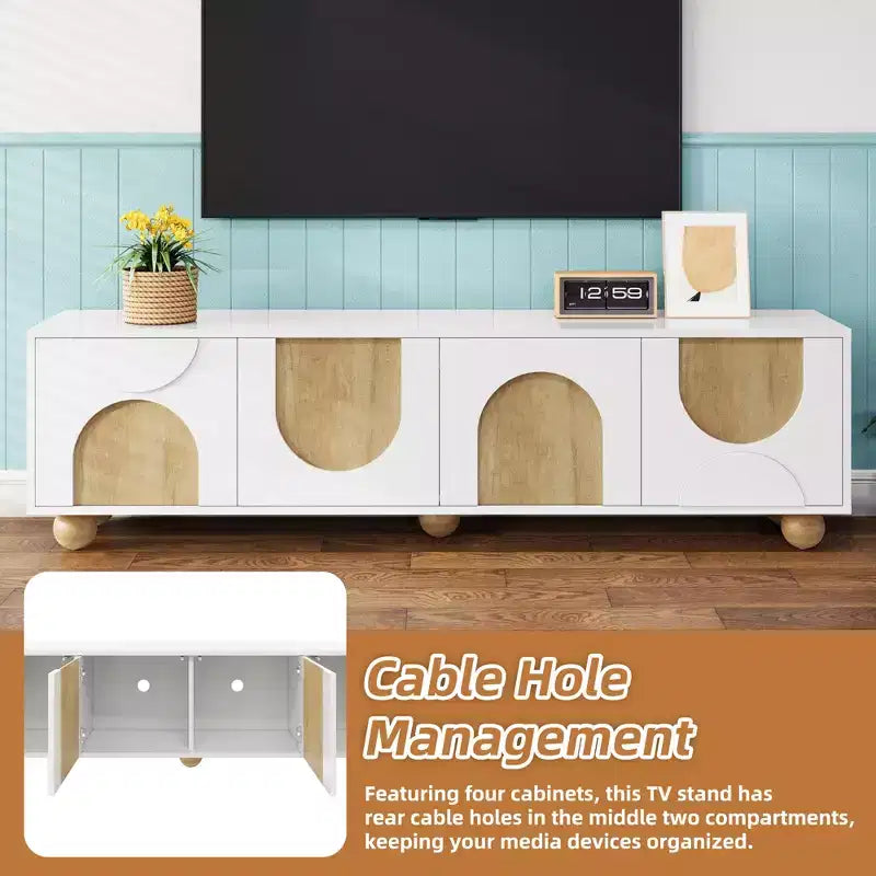 JVNOXK 69-inch Farmhouse-Style TV Stand with Recoil Mechanism Accommodates TVs up to 75 inches 5 Solid Wood Legs Ideal for Living Rooms White