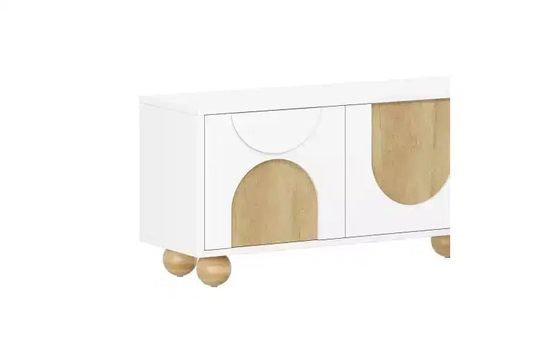 JVNOXK 69-inch Farmhouse-Style TV Stand with Recoil Mechanism Accommodates TVs up to 75 inches 5 Solid Wood Legs Ideal for Living Rooms White