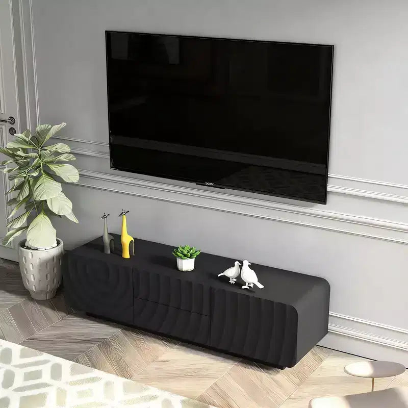 JVNOXK 58''Tv Console With Modern Unique Spiral Wave Design With Storage Cabinet And 2 Drawers Tv Stand For Living Room, Bedroom, Black