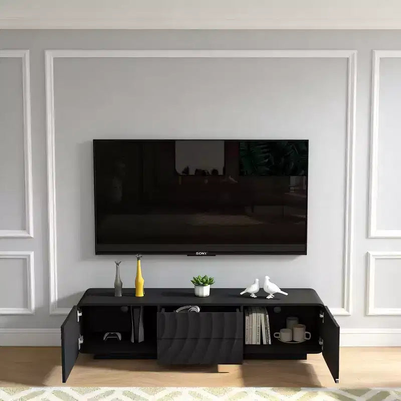 JVNOXK 58''Tv Console With Modern Unique Spiral Wave Design With Storage Cabinet And 2 Drawers Tv Stand For Living Room, Bedroom, Black