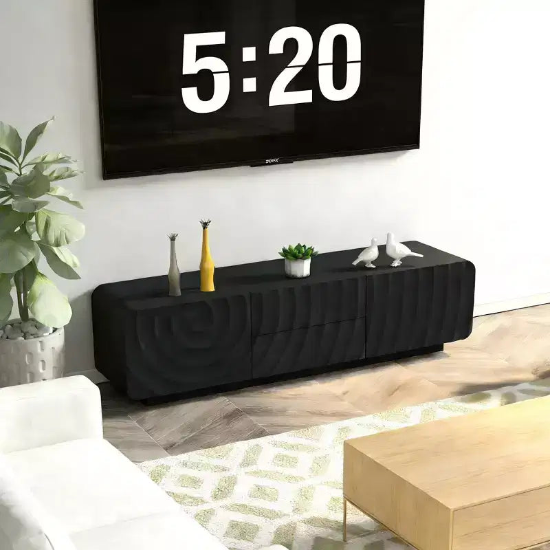 JVNOXK 58''Tv Console With Modern Unique Spiral Wave Design With Storage Cabinet And 2 Drawers Tv Stand For Living Room, Bedroom, Black