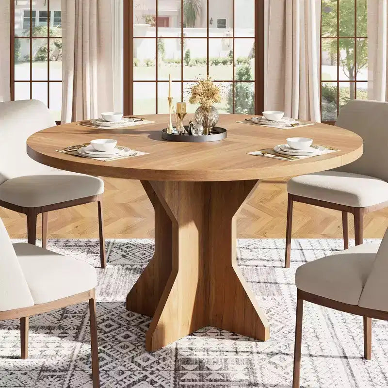 Round Dining Table for 4-6 People, 47 Wood Kitchen Dinner Table with Pedestal Base, Modern Circle Table for Living Room, Kitchen, No Chair