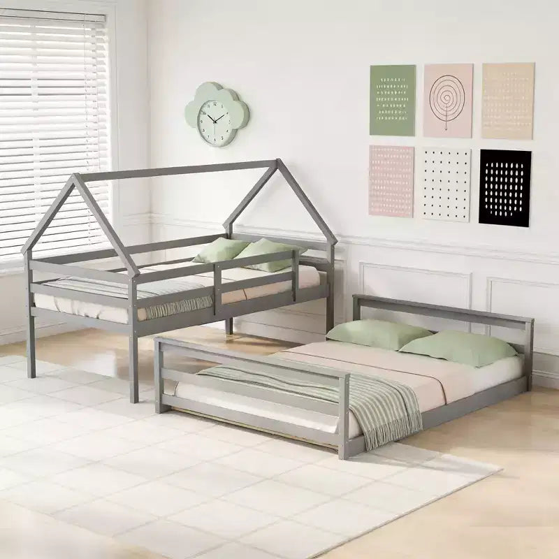 Luxystar Twin over Full House Bunk Bed with Ladder, Detachable into 2 Beds
