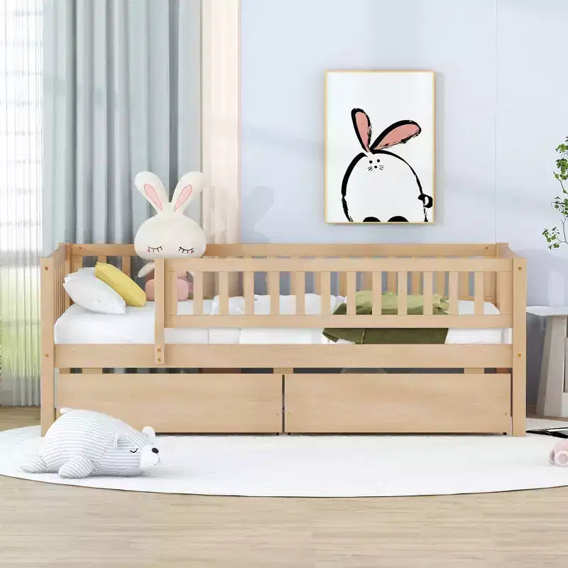Twin Size Low Daybed with Storage Drawers, Wood Twin Platform Bed Frame with Rails for Boys and Girls Bedroom