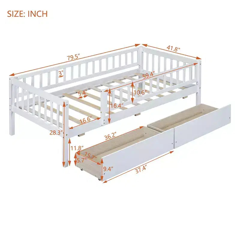 Twin Size Low Daybed with Storage Drawers, Wood Twin Platform Bed Frame with Rails for Boys and Girls Bedroom