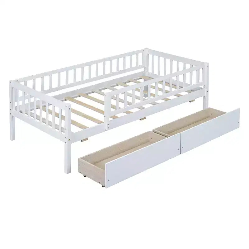 Twin Size Low Daybed with Storage Drawers, Wood Twin Platform Bed Frame with Rails for Boys and Girls Bedroom