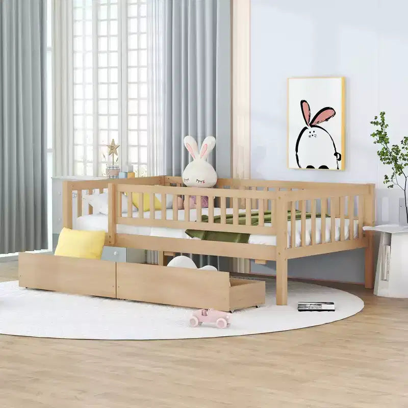 Twin Size Low Daybed with Storage Drawers, Wood Twin Platform Bed Frame with Rails for Boys and Girls Bedroom