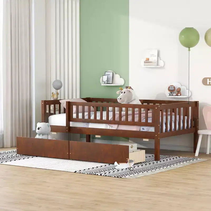 Twin Size Low Daybed with Storage Drawers, Wood Twin Platform Bed Frame with Rails for Boys and Girls Bedroom
