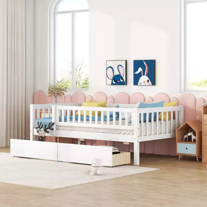 Twin Size Low Daybed with Storage Drawers, Wood Twin Platform Bed Frame with Rails for Boys and Girls Bedroom