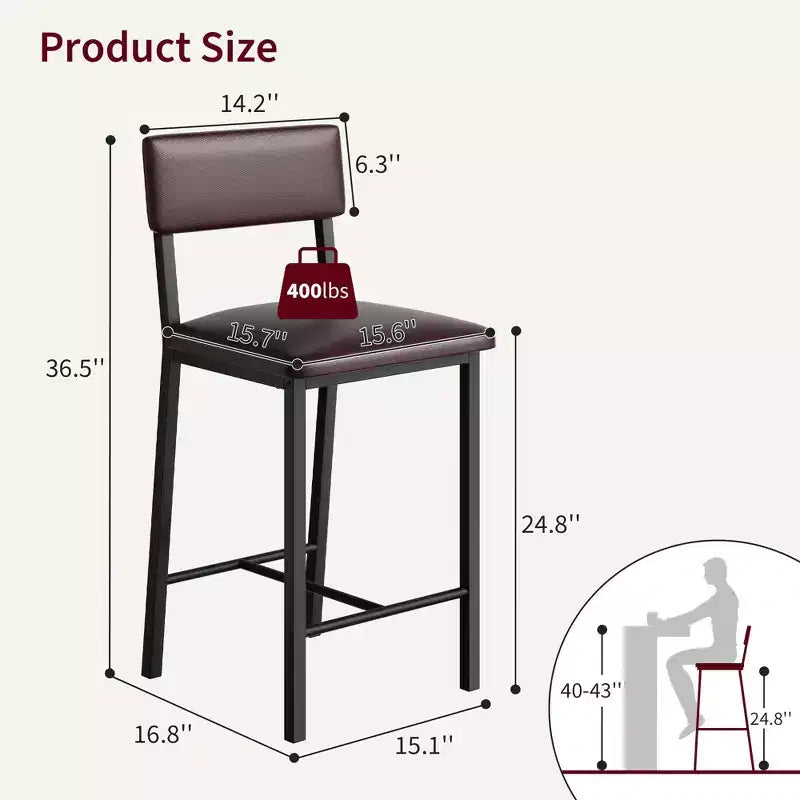 Coolmee Bar Stools Set of 2, Kitchen Barstools with Thick Cushion, 25 in Counter Height Bar Stools with Backrest and Footrest, for Dining Room