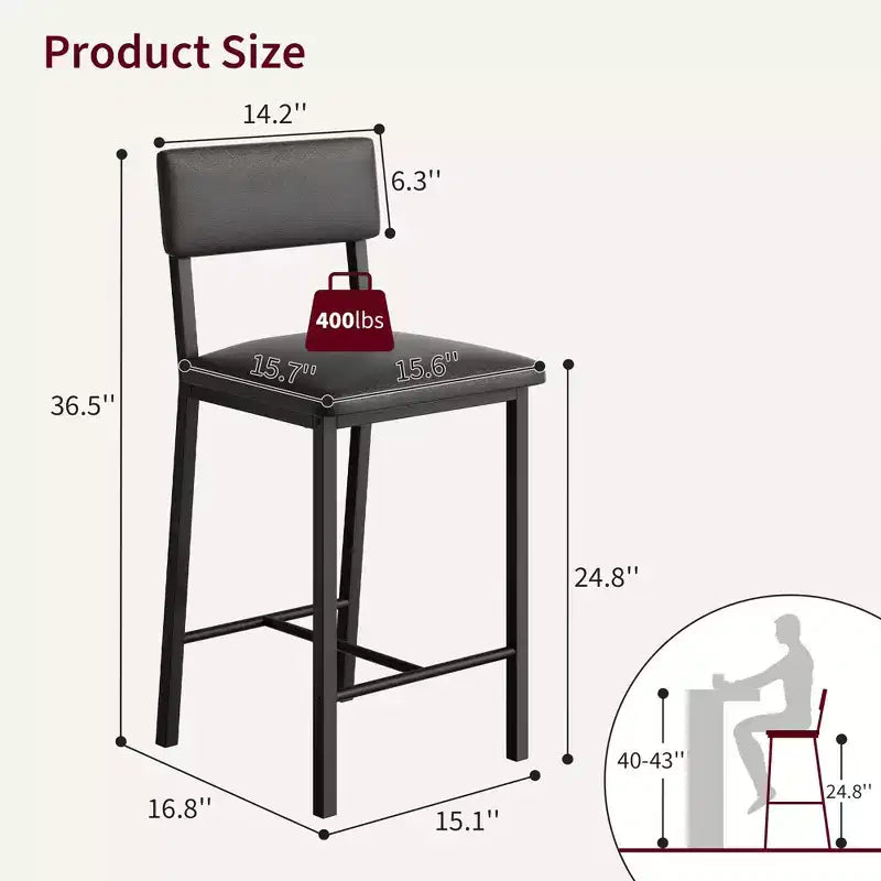 Coolmee Bar Stools Set of 2, Kitchen Barstools with Thick Cushion, 25 in Counter Height Bar Stools with Backrest and Footrest, for Dining Room