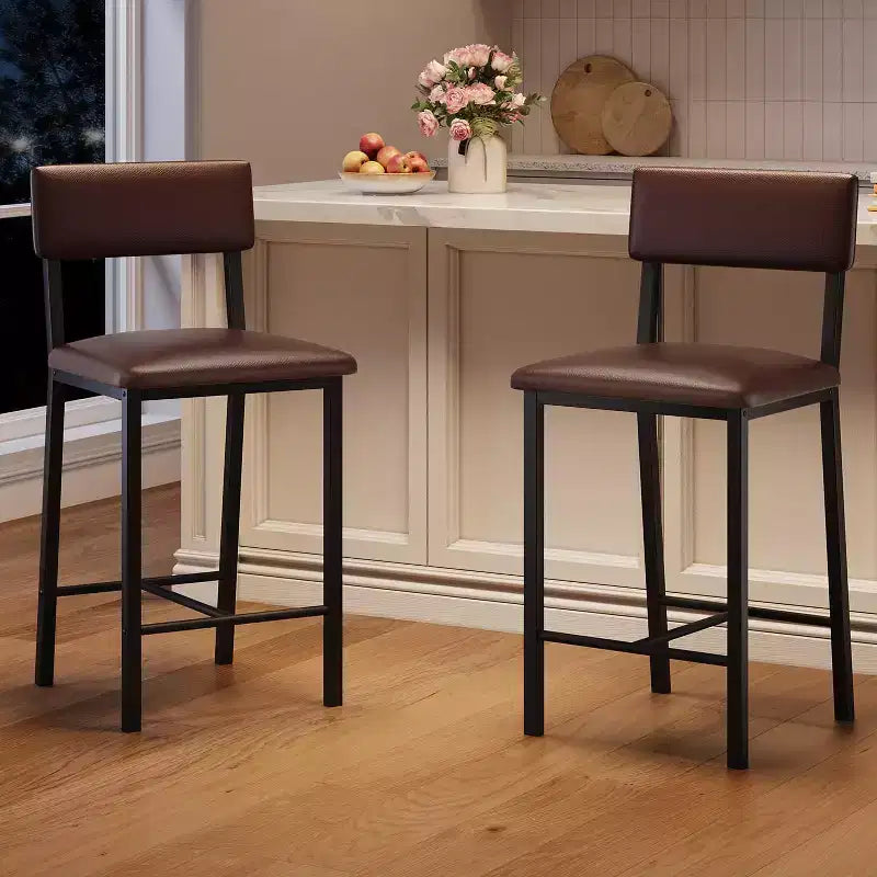 Lot de 2 tabourets de bar Coolmee, tabourets de cuisine avec coussin épais, tabourets de bar de 63,5 cm de hauteur de comptoir avec dossier et repose-pieds, pour salle à manger