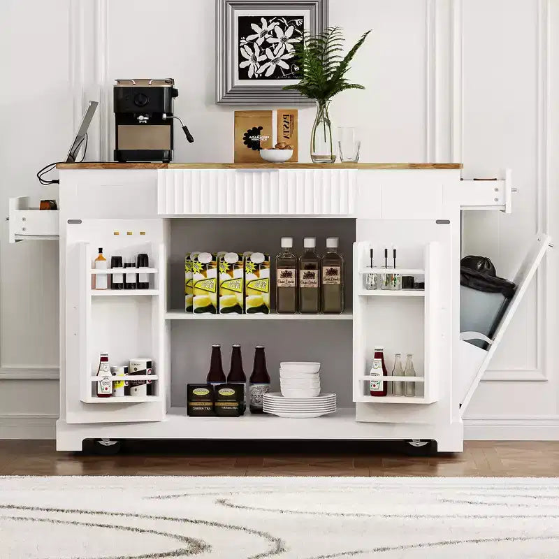 JVNOXK 5-Tier Grooved Kitchen Island with Trash Bin Storage Cabinet, Built-in Outlet Shelving, 3 Drawers, 3 Open Side Racks, White