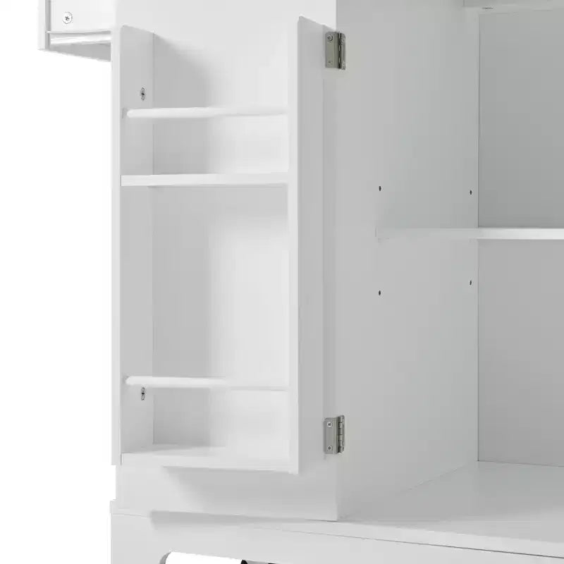 JVNOXK 5-Tier Grooved Kitchen Island with Trash Bin Storage Cabinet, Built-in Outlet Shelving, 3 Drawers, 3 Open Side Racks, White