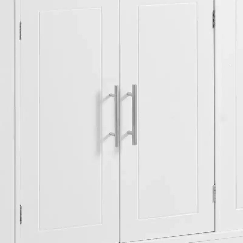 JVNOXK 5-Tier Grooved Kitchen Island with Trash Bin Storage Cabinet, Built-in Outlet Shelving, 3 Drawers, 3 Open Side Racks, White