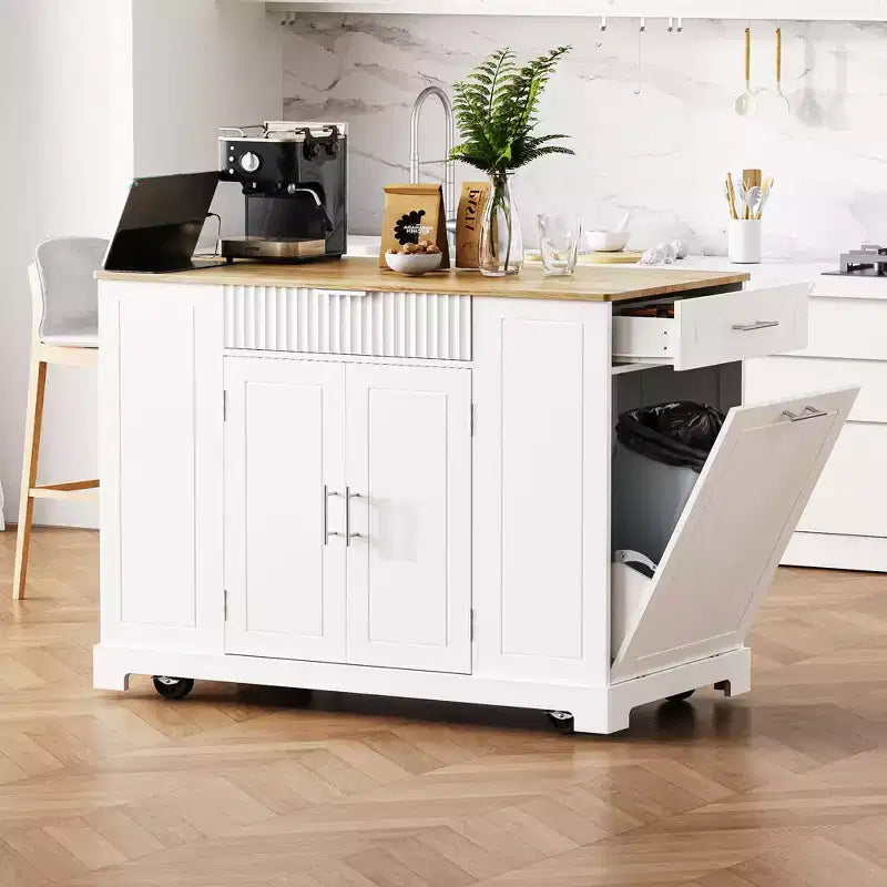 JVNOXK 5-Tier Grooved Kitchen Island with Trash Bin Storage Cabinet, Built-in Outlet Shelving, 3 Drawers, 3 Open Side Racks, White