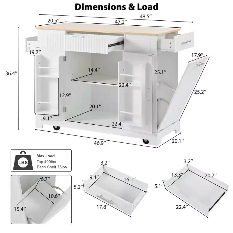 JVNOXK 5-Tier Grooved Kitchen Island with Trash Bin Storage Cabinet, Built-in Outlet Shelving, 3 Drawers, 3 Open Side Racks, White