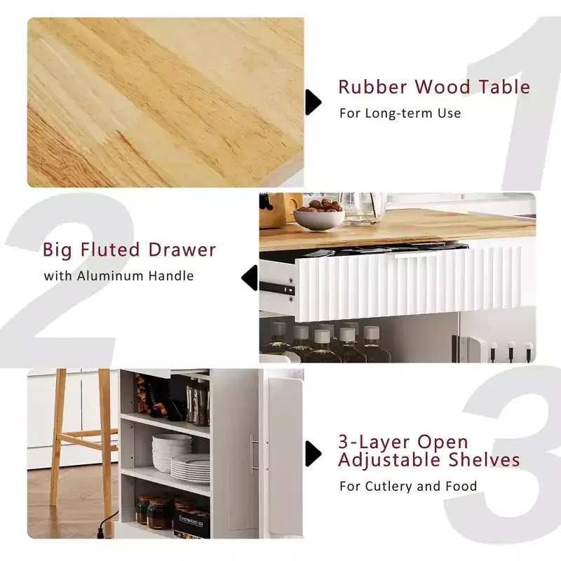 JVNOXK 5-Tier Grooved Kitchen Island with Trash Bin Storage Cabinet, Built-in Outlet Shelving, 3 Drawers, 3 Open Side Racks, White