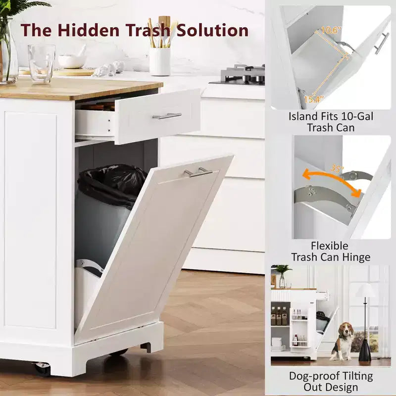 JVNOXK 5-Tier Grooved Kitchen Island with Trash Bin Storage Cabinet, Built-in Outlet Shelving, 3 Drawers, 3 Open Side Racks, White