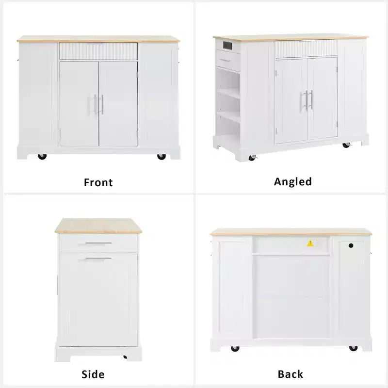 JVNOXK 5-Tier Grooved Kitchen Island with Trash Bin Storage Cabinet, Built-in Outlet Shelving, 3 Drawers, 3 Open Side Racks, White