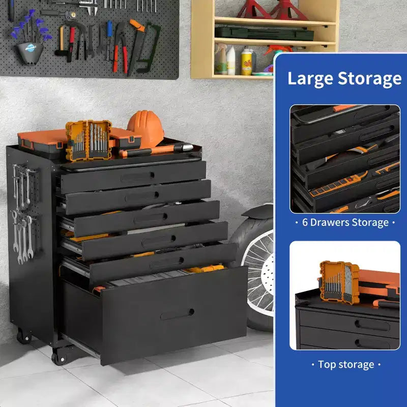 VIYET 34 6-Drawer Rolling Tool Chest - Heavy-Duty Steel Mobile Garage Cabinet & Small Parts Storage Organizer, Black