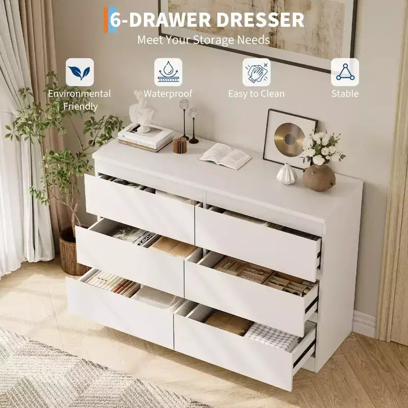 6 Drawer Dresser,Modern Chest of Drawers for Clothes Storage, Wood Storage Double Dresser for Bedroom, Living Room, Entryway