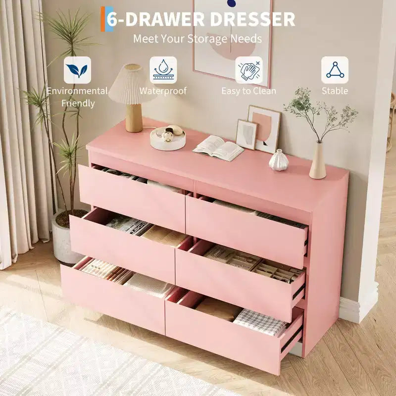 6 Drawer Dresser,Modern Chest of Drawers for Clothes Storage, Wood Storage Double Dresser for Bedroom, Living Room, Entryway