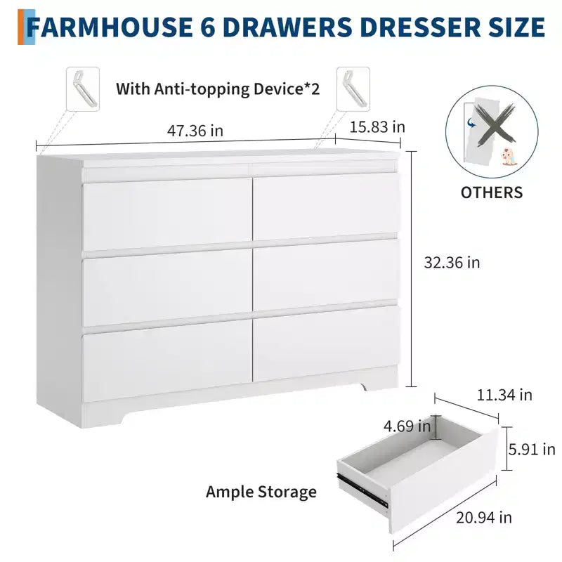 6 Drawer Dresser,Modern Chest of Drawers for Clothes Storage, Wood Storage Double Dresser for Bedroom, Living Room, Entryway
