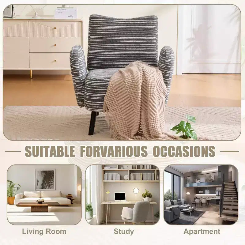 Modern Stripe Design Sofa Armchair with Side Pocket and Solid Wood Legs, Comfortable Accent Reading Chair for Living Room Bedroom Office
