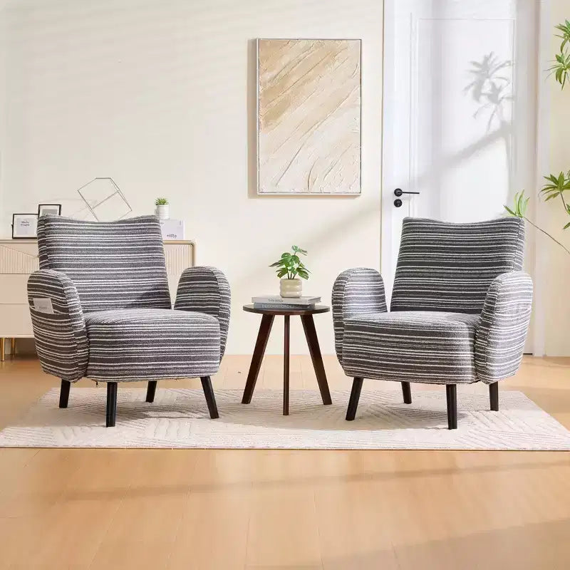 Modern Stripe Design Sofa Armchair with Side Pocket and Solid Wood Legs, Comfortable Accent Reading Chair for Living Room Bedroom Office
