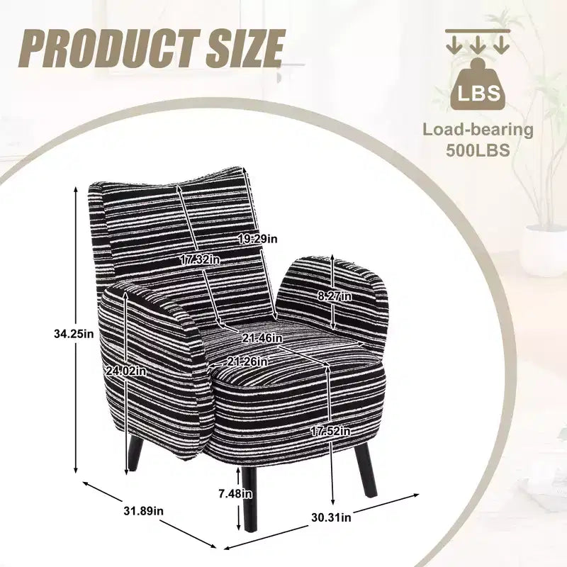 Modern Stripe Design Sofa Armchair with Side Pocket and Solid Wood Legs, Comfortable Accent Reading Chair for Living Room Bedroom Office