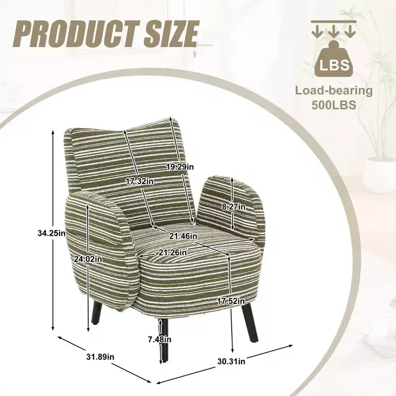 Modern Stripe Design Sofa Armchair with Side Pocket and Solid Wood Legs, Comfortable Accent Reading Chair for Living Room Bedroom Office