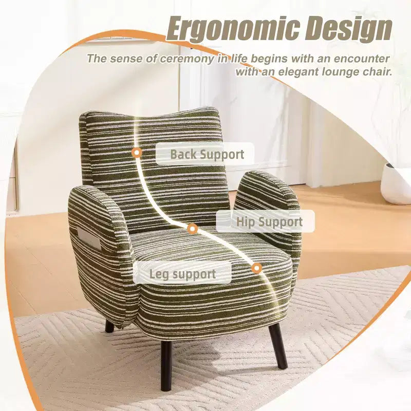 Modern Stripe Design Sofa Armchair with Side Pocket and Solid Wood Legs, Comfortable Accent Reading Chair for Living Room Bedroom Office