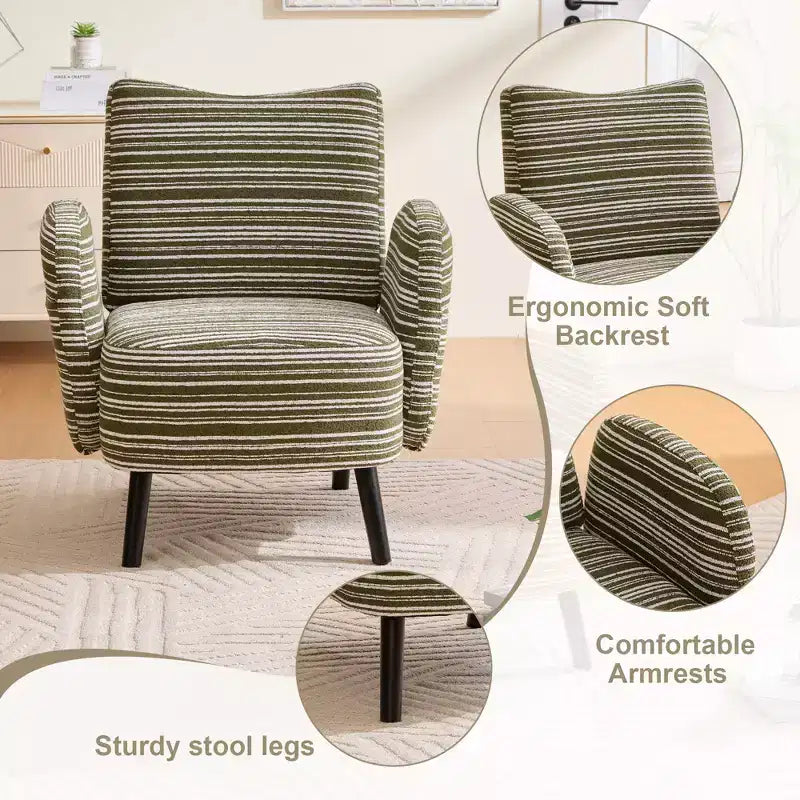 Modern Stripe Design Sofa Armchair with Side Pocket and Solid Wood Legs, Comfortable Accent Reading Chair for Living Room Bedroom Office
