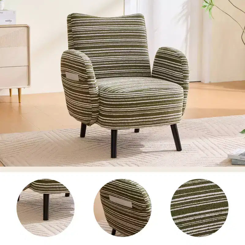 Modern Stripe Design Sofa Armchair with Side Pocket and Solid Wood Legs, Comfortable Accent Reading Chair for Living Room Bedroom Office