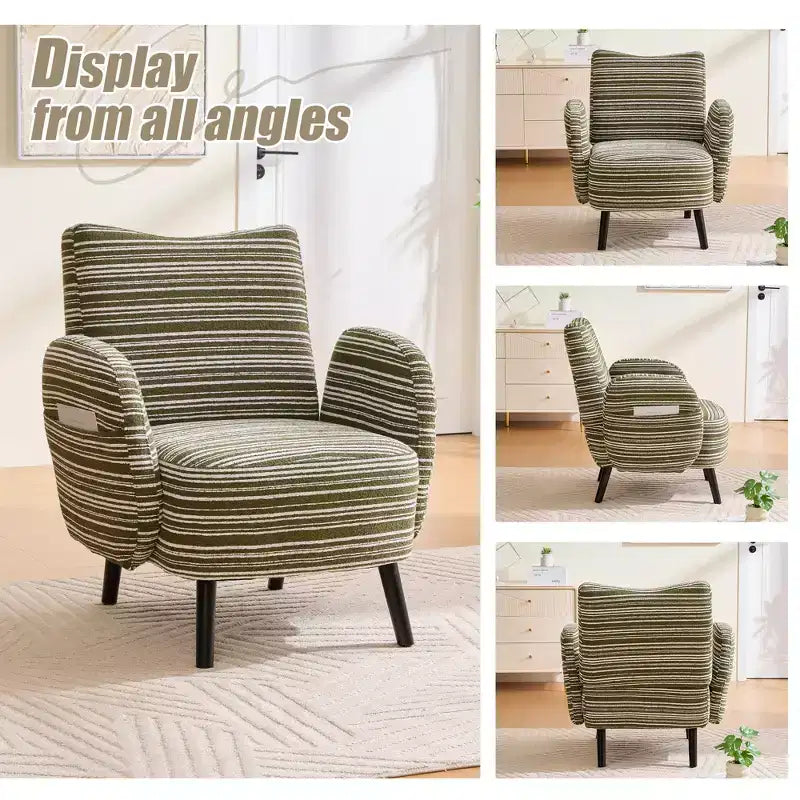 Modern Stripe Design Sofa Armchair with Side Pocket and Solid Wood Legs, Comfortable Accent Reading Chair for Living Room Bedroom Office