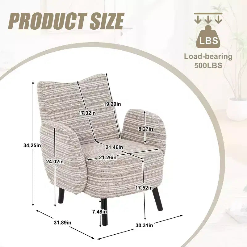 Modern Stripe Design Sofa Armchair with Side Pocket and Solid Wood Legs, Comfortable Accent Reading Chair for Living Room Bedroom Office