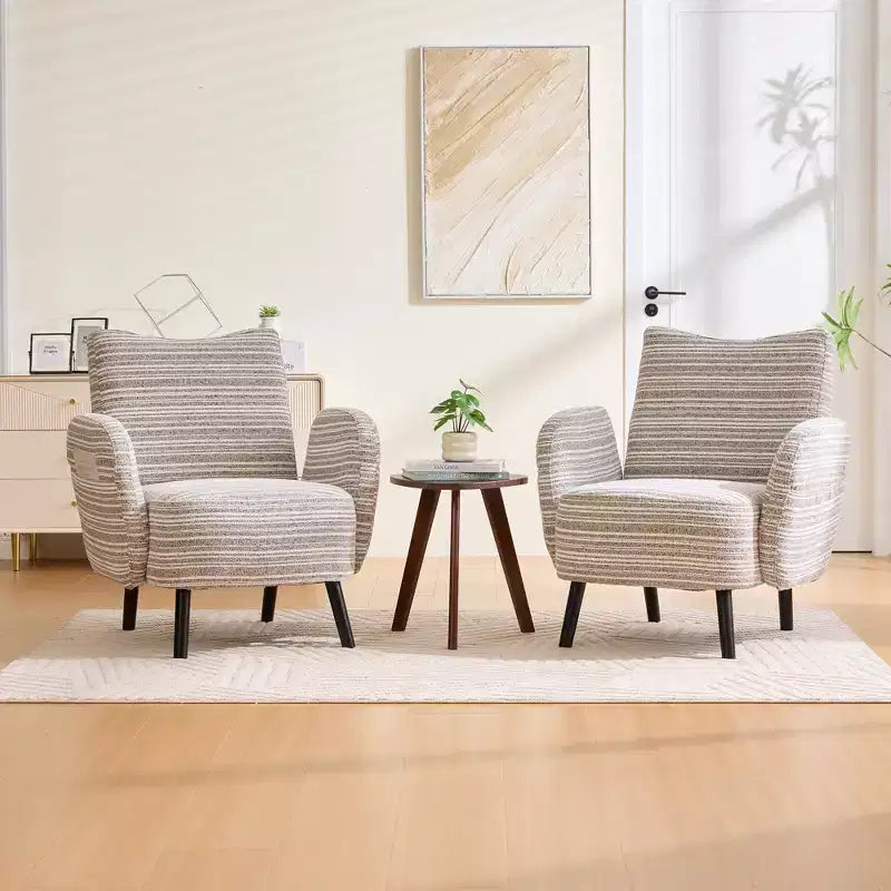 Modern Stripe Design Sofa Armchair with Side Pocket and Solid Wood Legs, Comfortable Accent Reading Chair for Living Room Bedroom Office