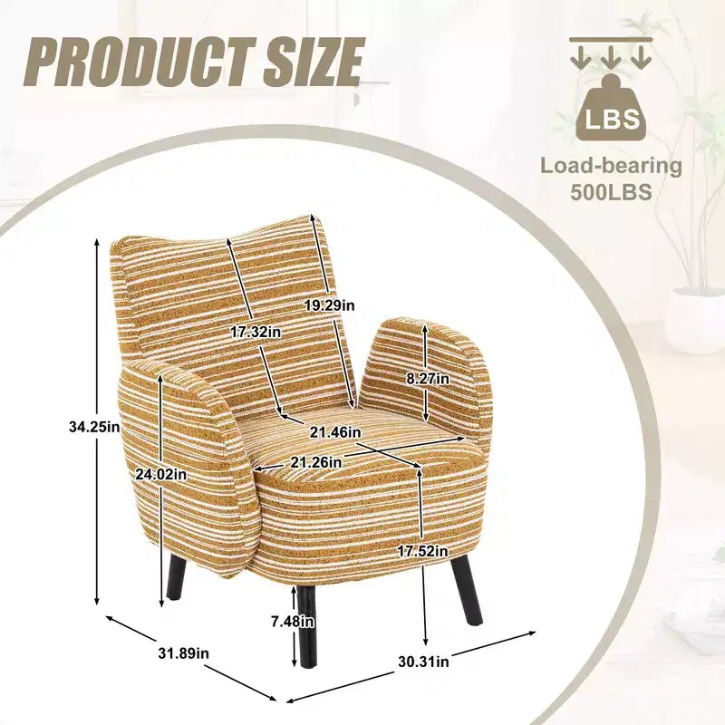 Modern Stripe Design Sofa Armchair with Side Pocket and Solid Wood Legs, Comfortable Accent Reading Chair for Living Room Bedroom Office
