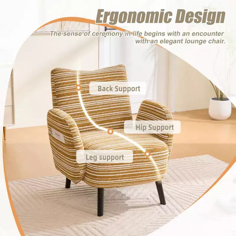 Modern Stripe Design Sofa Armchair with Side Pocket and Solid Wood Legs, Comfortable Accent Reading Chair for Living Room Bedroom Office
