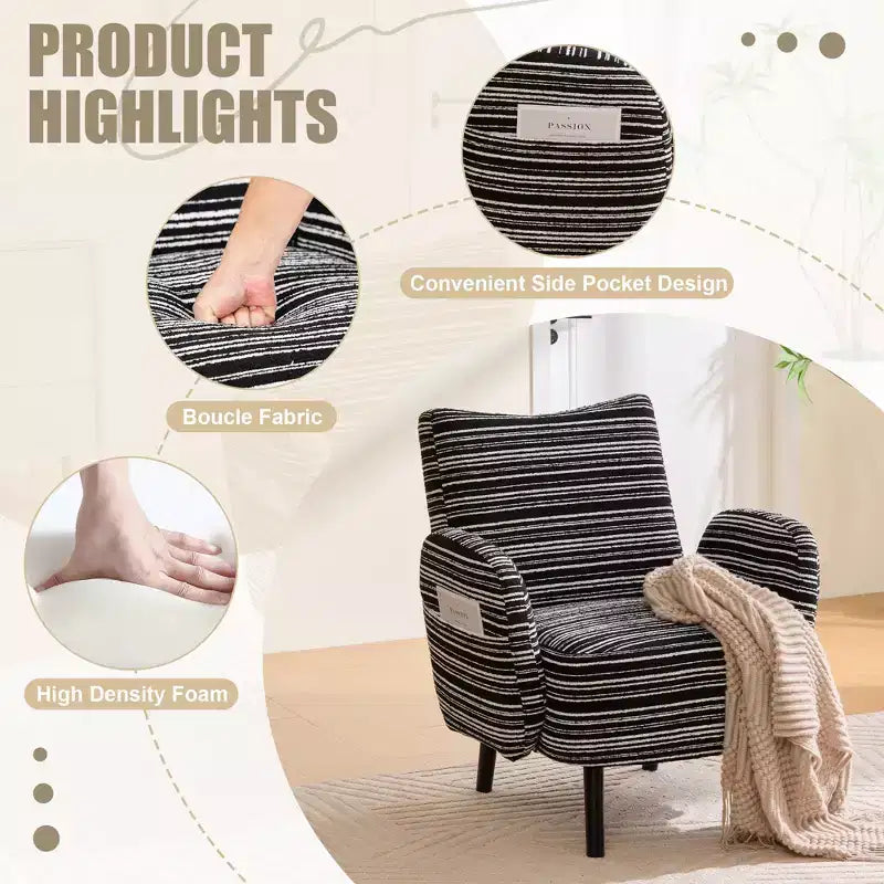 Modern Stripe Design Sofa Armchair with Side Pocket and Solid Wood Legs, Comfortable Accent Reading Chair for Living Room Bedroom Office