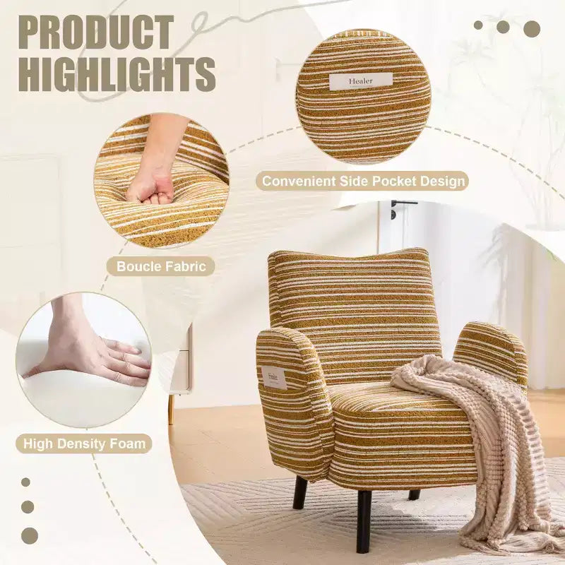 Modern Stripe Design Sofa Armchair with Side Pocket and Solid Wood Legs, Comfortable Accent Reading Chair for Living Room Bedroom Office