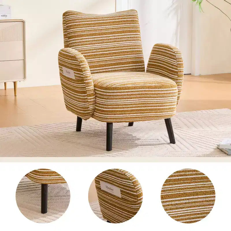 Modern Stripe Design Sofa Armchair with Side Pocket and Solid Wood Legs, Comfortable Accent Reading Chair for Living Room Bedroom Office