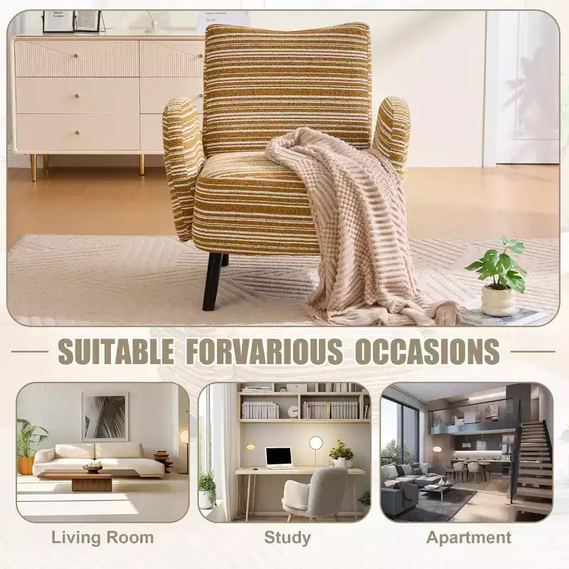 Modern Stripe Design Sofa Armchair with Side Pocket and Solid Wood Legs, Comfortable Accent Reading Chair for Living Room Bedroom Office