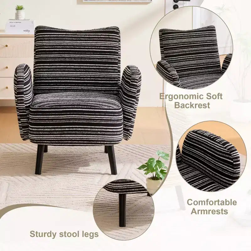 Modern Stripe Design Sofa Armchair with Side Pocket and Solid Wood Legs, Comfortable Accent Reading Chair for Living Room Bedroom Office