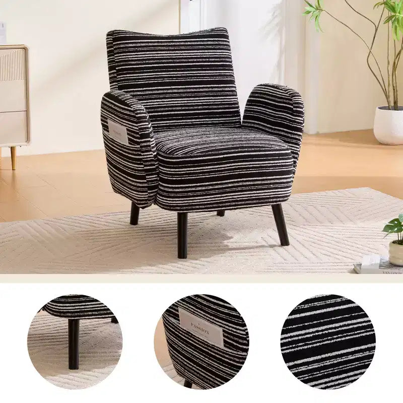 Modern Stripe Design Sofa Armchair with Side Pocket and Solid Wood Legs, Comfortable Accent Reading Chair for Living Room Bedroom Office