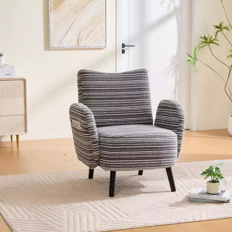 Fauteuil de canapé moderne à rayures avec pochette latérale et pieds en bois massif, chaise de lecture confortable pour salon, chambre et bureau